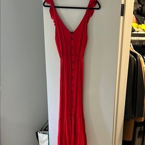 Red Sleeveless V-Neck Ruffle Button Midi Dress